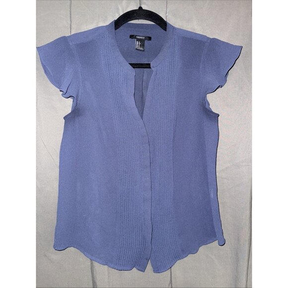 Forever 21 Button Up Top Size Small Short Ruffle Sleeved Blue Chiffon Pleated - Picture 7 of 12